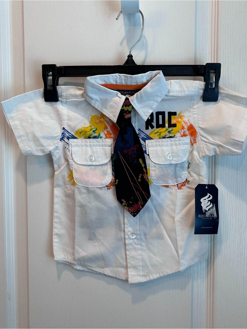 Rocawear Toddler Boy’s White Short-Sleeve Button Up Dress Shirt with Tie Sz. 18M